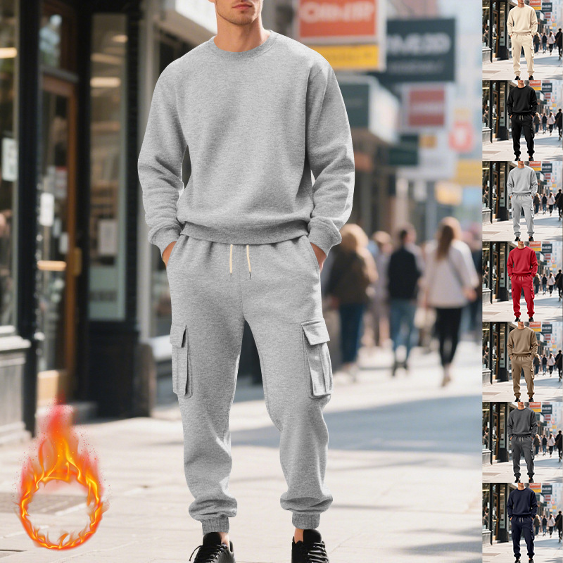 Europe, America, Autumn And Winter Heavy Velvet Men's Loose Casual Sports Tooling Round Neck Solid Color Sweater Trousers Set_viptrois.com