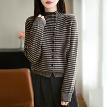 老钱风半高领条纹撞色针织毛衣开衫女冬季加厚超百搭韩系宽松上衣