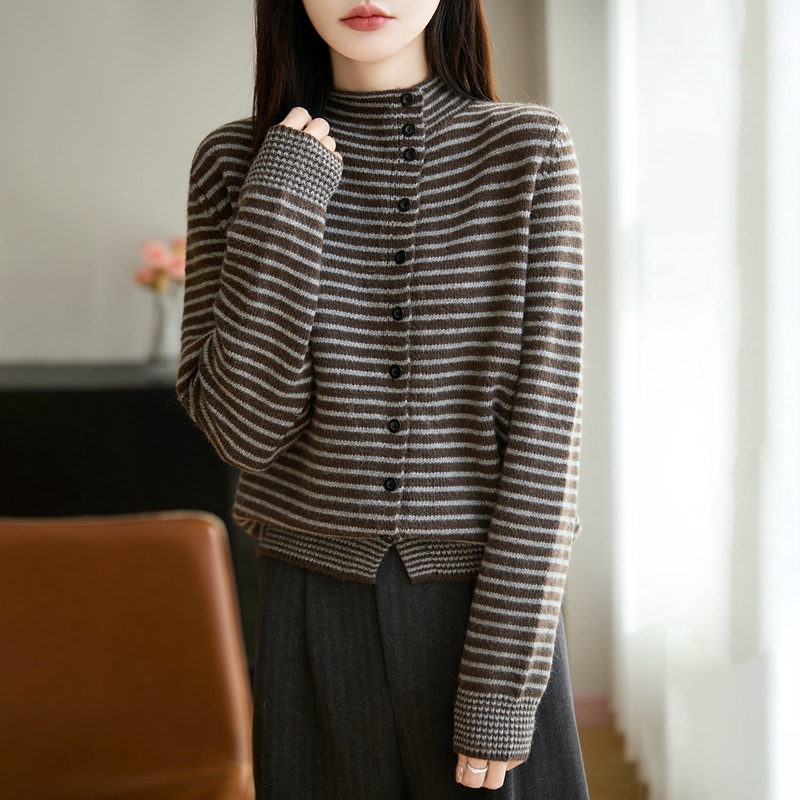 老钱风半高领条纹撞色针织毛衣开衫女冬季加厚超百搭韩系宽松上衣