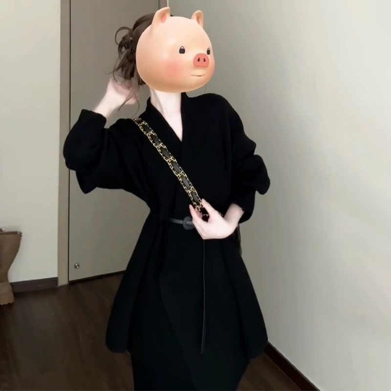 Сексуальное летнее черное платье-свитер 2025, новый женский вязаный костюм с длинной юбкой для миниатюрных женщин