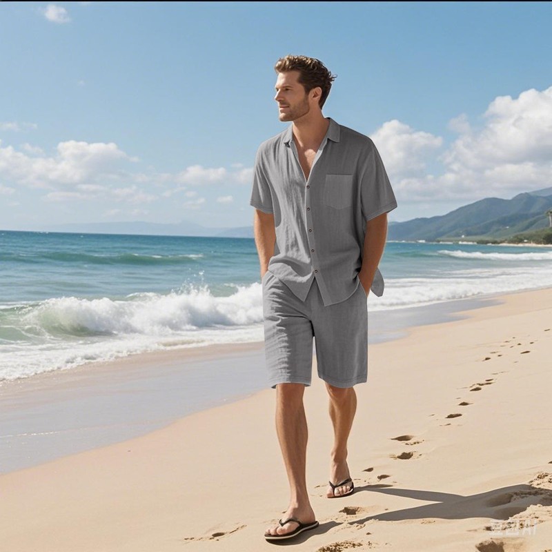 アメリカ風夏用メンズセットアップ、半袖とショートパンツ、リネン素材のビーチウェア、メンズカジュアル半袖シャツセット|undefined