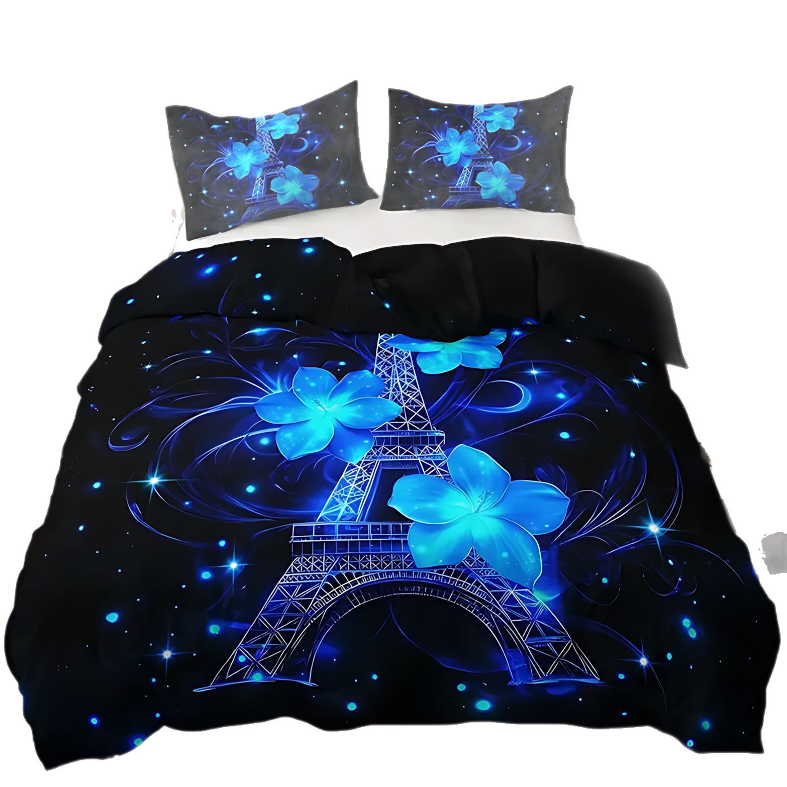 TEMU / JIT Transfronterizo Kit de edredón azul plateado flor torre Eiffel impresión digital HD ropa de cama