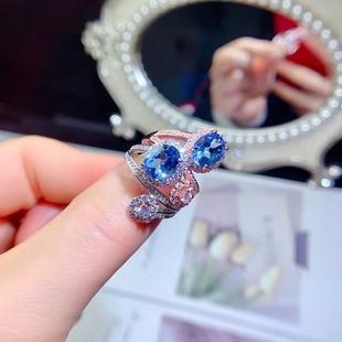 925 silver inlaid Swiss blue topaz ring European and American diamond light luxury niche fashion temperament personality stone 7*9