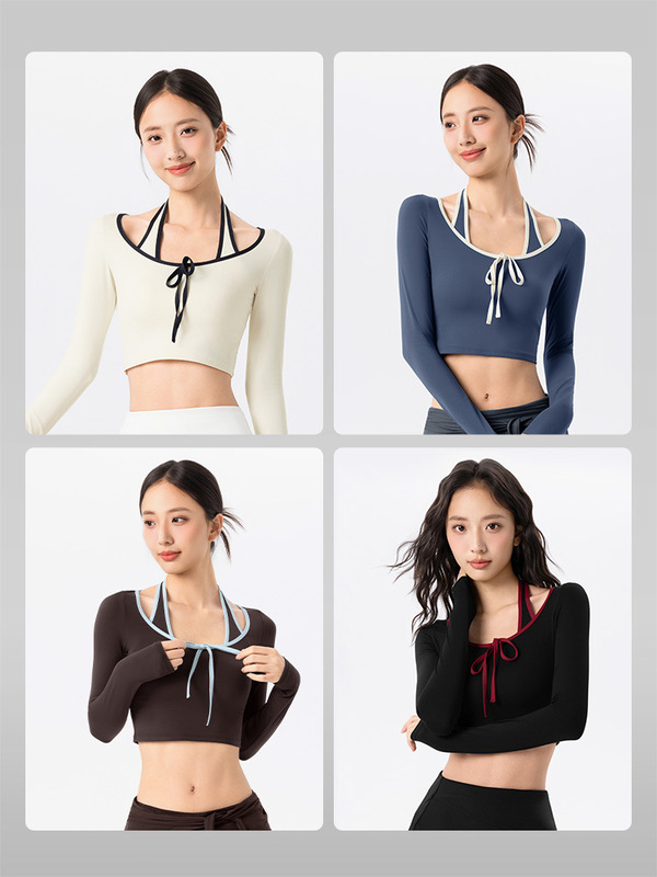假两件挂脖长袖瑜伽服女固定杯短款运动上衣撞色包边百搭健身上衣|undefined