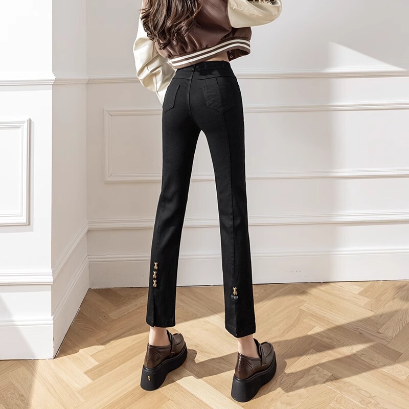 Small pants pipe 2024 new black cropped black pants with buckle straight tube imitation denim slim baguette women's pants Small pants pipe 2024 new black cropped black pants with buckle straight tube imitation denim slim baguette women's pants