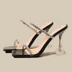25年夏の新型ドリルのハイヒール付きサンダルの女性の細と透明の絶美な銀色のハイヒールのスリッパの女性