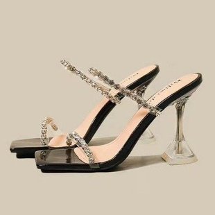 25 Summer New Rhinestone High-heeled Sandals and Slippers Women's Fine-heeled Transparent Beautiful silver High-heeled Slippers for Women