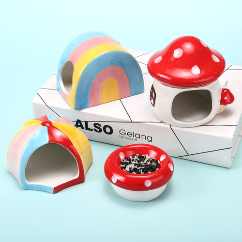 Hamster ceramic nest summer cooling house creative rainbow tent hamster nest cute ceramic mushroom nest