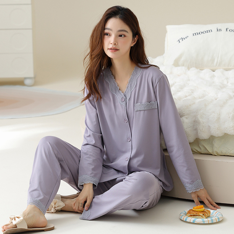 가을과 겨울 라이크라 코튼 파자마 여성용 순수면 긴팔 중년 어머니 가을 가정 옷 면화 잠옷 착용