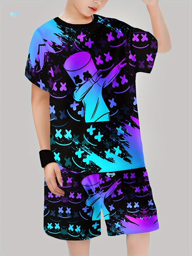 Two Piece Boys Fashion 3D Printed Casual Pullover Short