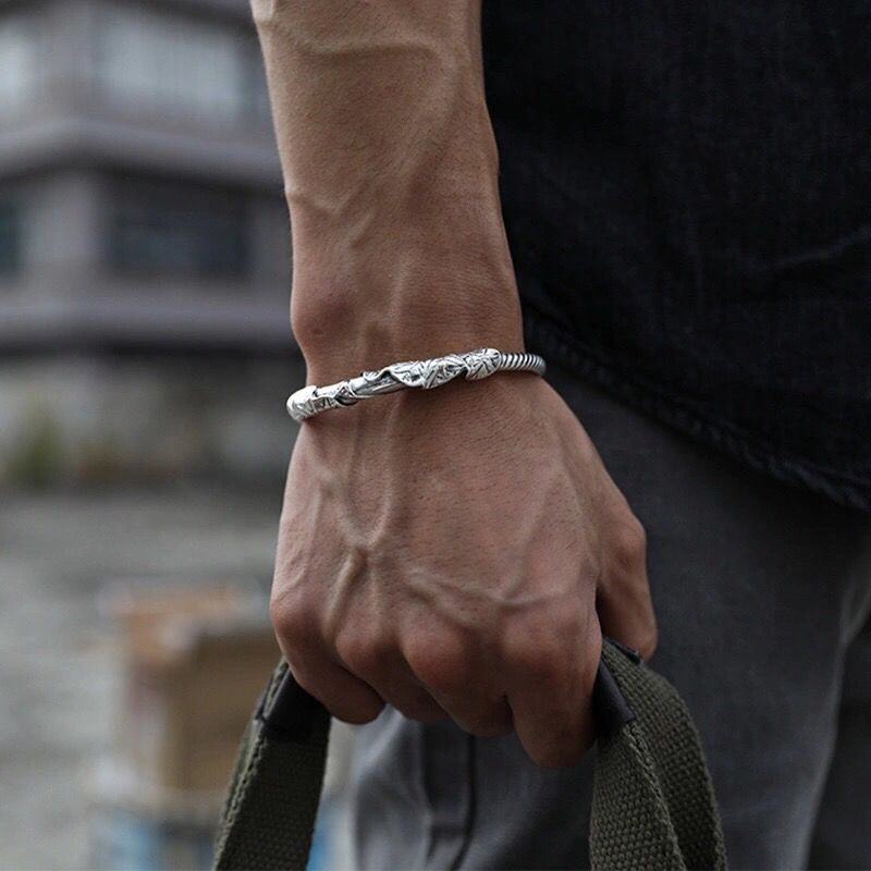 TikTok Live Bracelet Lotus White Copper Silver-plated Bracelet Men's Retro Fashion Hand-carved Heart Meridians Open Jewelry