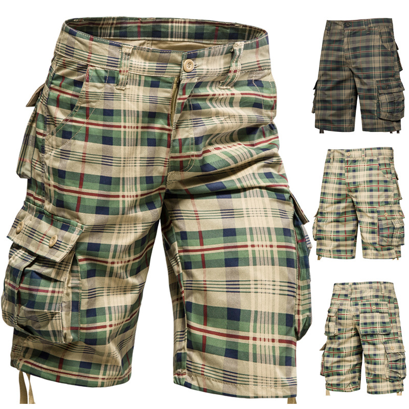 Men's plaid work shorts, summer loose fit, men's mid-length shorts, five-point pants, casual men's outerwear, trendy brand shorts.