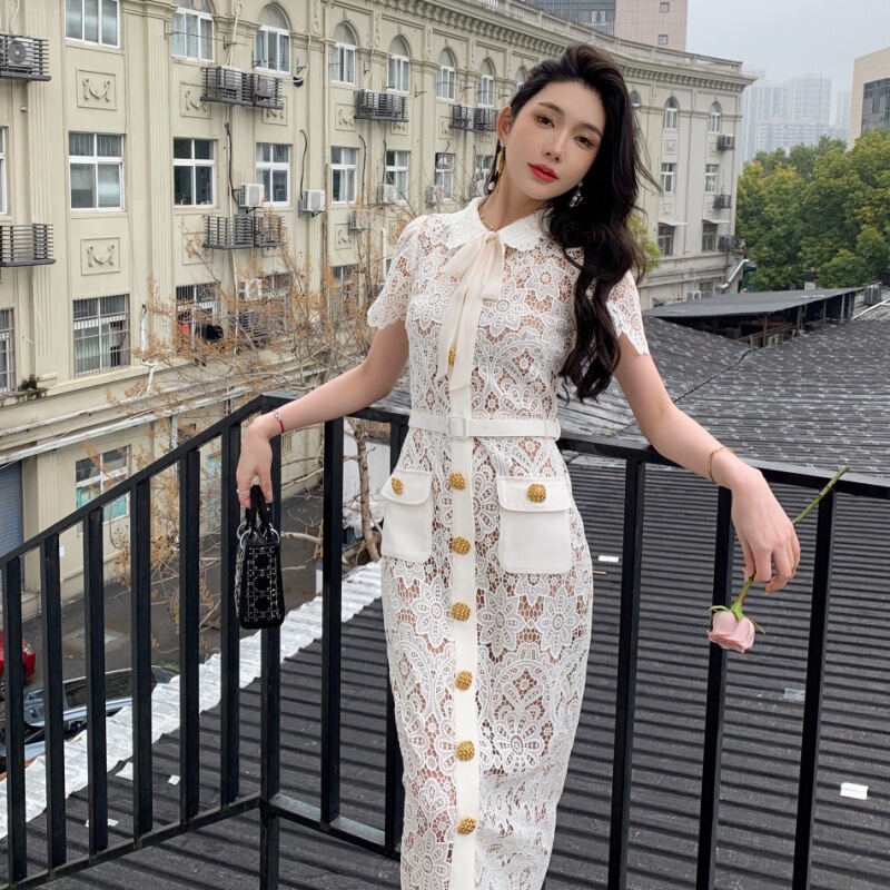 Heavy Weight Lace Cream Doll Collar Pocket Button Bow Dress High Waist Slim Temperament Pencil Long Skirt