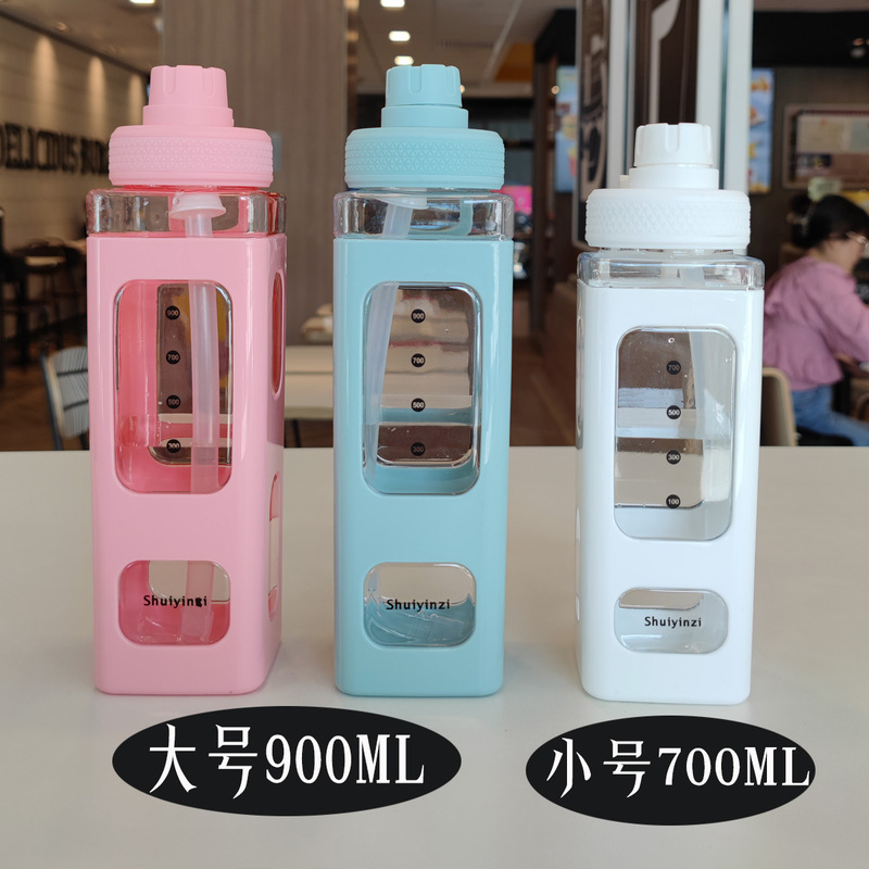 Wholesale Square Straw Plastic Sports Water Bottle Cross-Border E-Commerce High-Value Square Cup Double-Layer Convenient Handle Kettle Wholesale Square Straw Plastic Sports Water Bottle Cross-Border E-Commerce High-Value Square Cup Double-Layer Convenient Handle Kettle