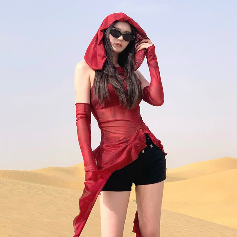 官图实价 废土风红色网纱荡领连帽t恤女荷叶边不规则带袖套上衣