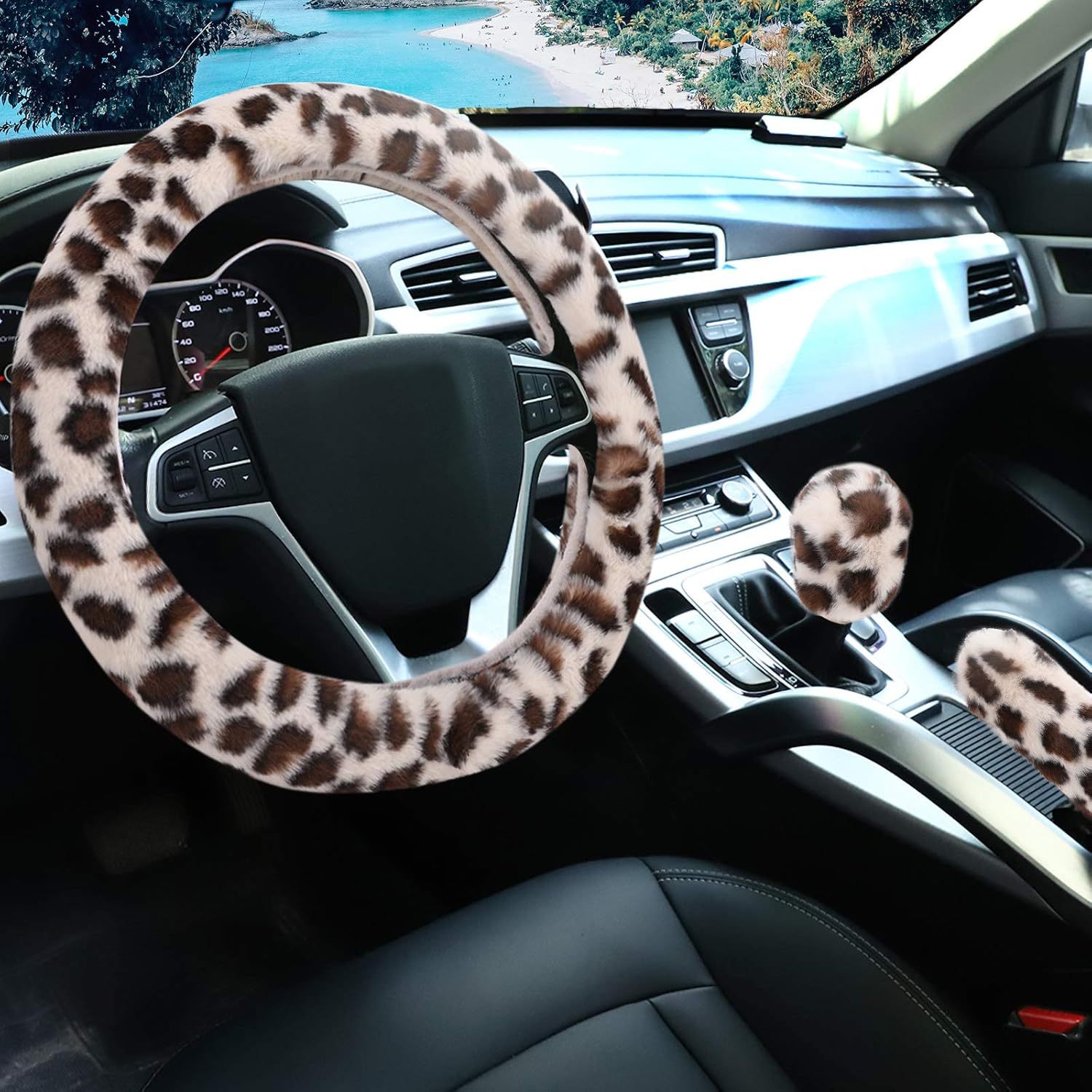 Cross-Border Hot-Selling Leopard Print Car Steering Wheel Cover Winter Plush Leopard Print Steering Wheel Cover Handbrake Gear Three-Piece Set