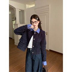 韩系假两件拼接翻领小香风外套女秋季新款宽松休闲短款夹克上衣潮