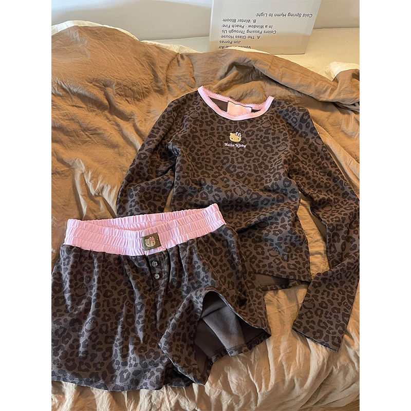 网红爆款HelloKitty豹纹长袖睡衣女秋季2025新款短裤家居服套装潮|undefined