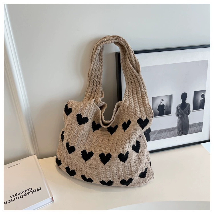 Knitted One-Shoulder Bag, Polyester, Lightweight Casual Tote 36×30×1 cm