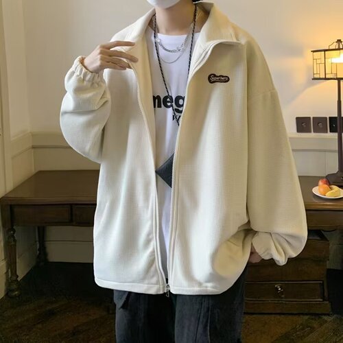 Zippered sweater men's spring and autumn hooded sports cardigan coat fashion brand design loose waffle lapel coat