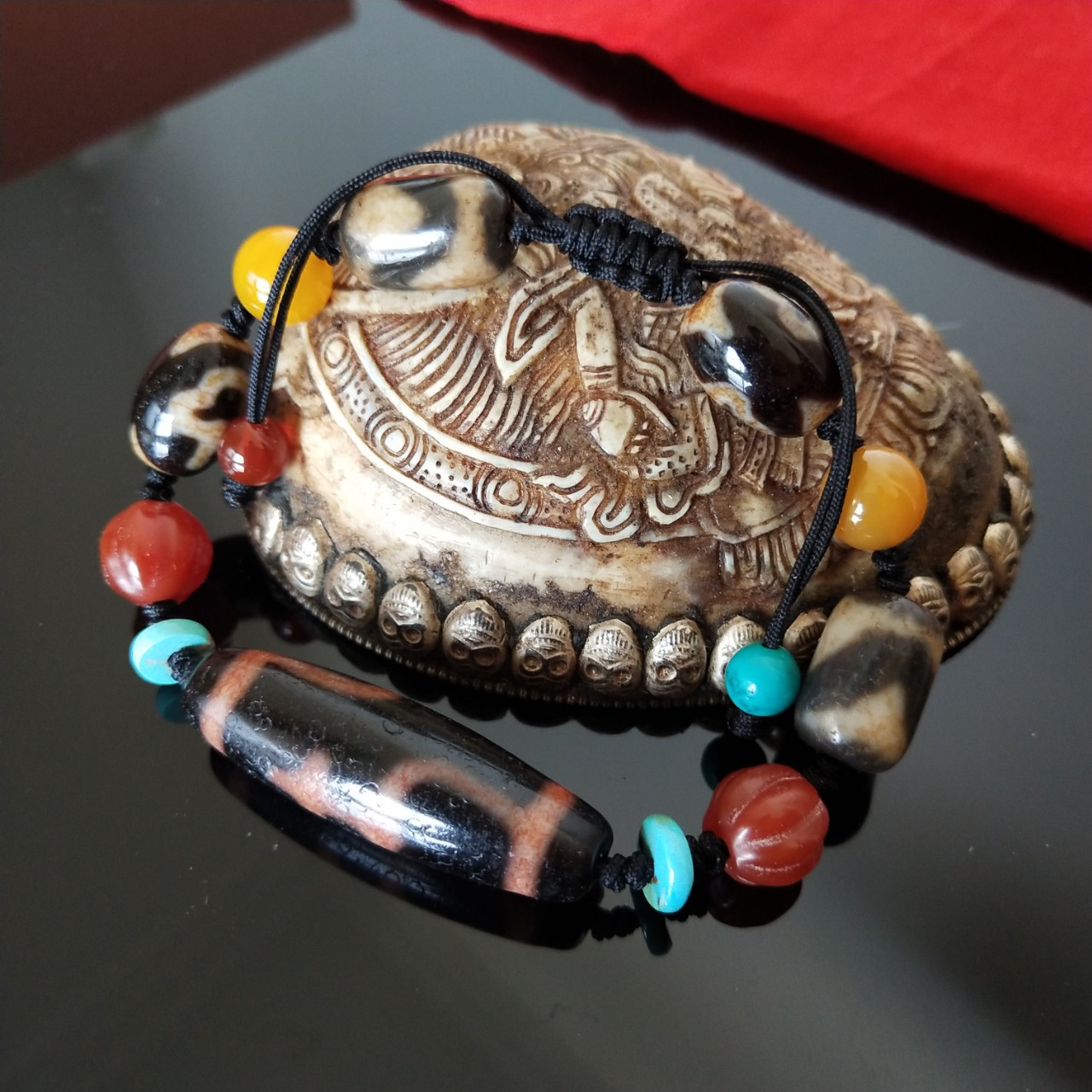 西藏风化血丝宝瓶虎牙天珠手链绿松石南红玛瑙男女式菩提手串原创