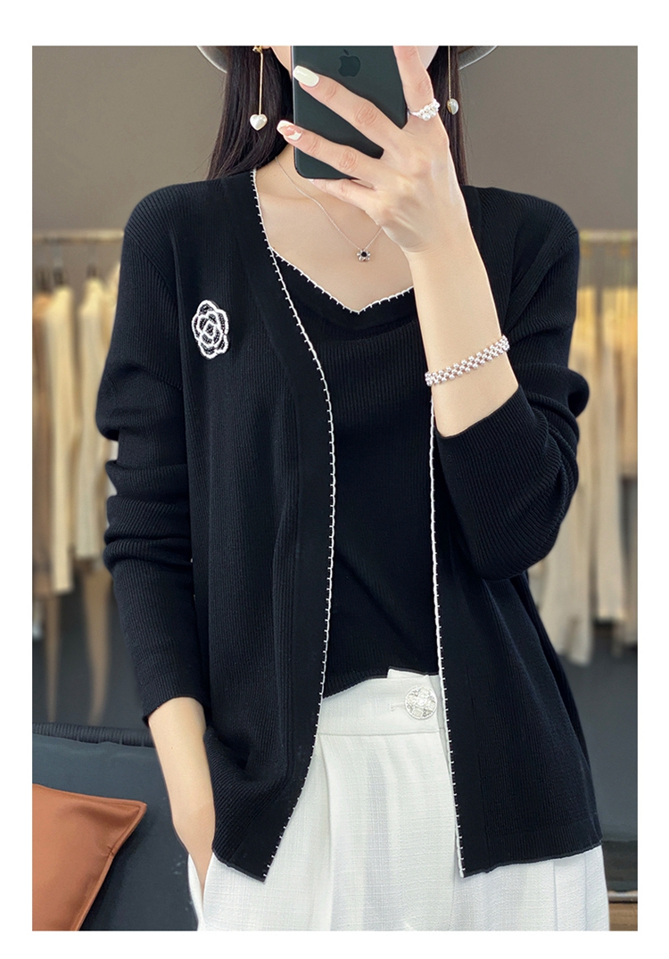 Damenbekleidung, neuer Herbst, V-Ausschnitt, Woll-Cardigan, lockere, modische Colorblock-Jacke mit Hosenträgern, zweiteiliges Set_voghion.com