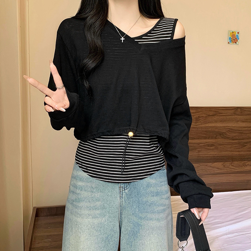 大码女装2025秋季新款胖mm韩版减龄条纹背心短款抽绳连帽上衣套装|undefined