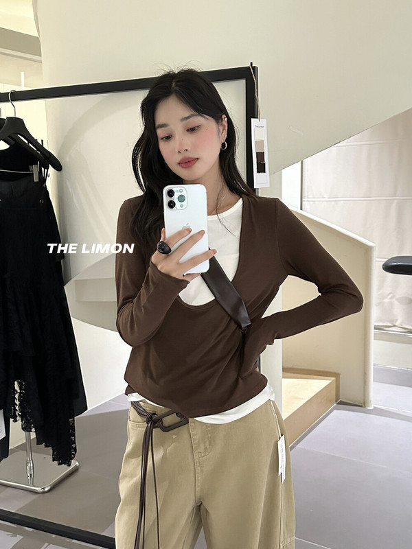 柠檬绿茶2025秋季新款设计感U型领拼接假两件长袖T恤女洋气打底衫|undefined