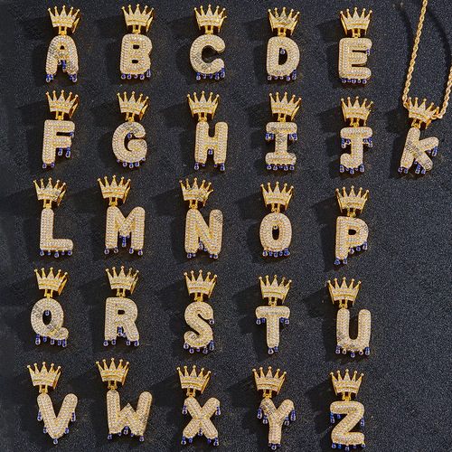 New European and American Crown-Clasp Drop-Shaped Letter Pendant—High-Quality Hip-Hop Necklace Pendant, Available for Direct Shipping