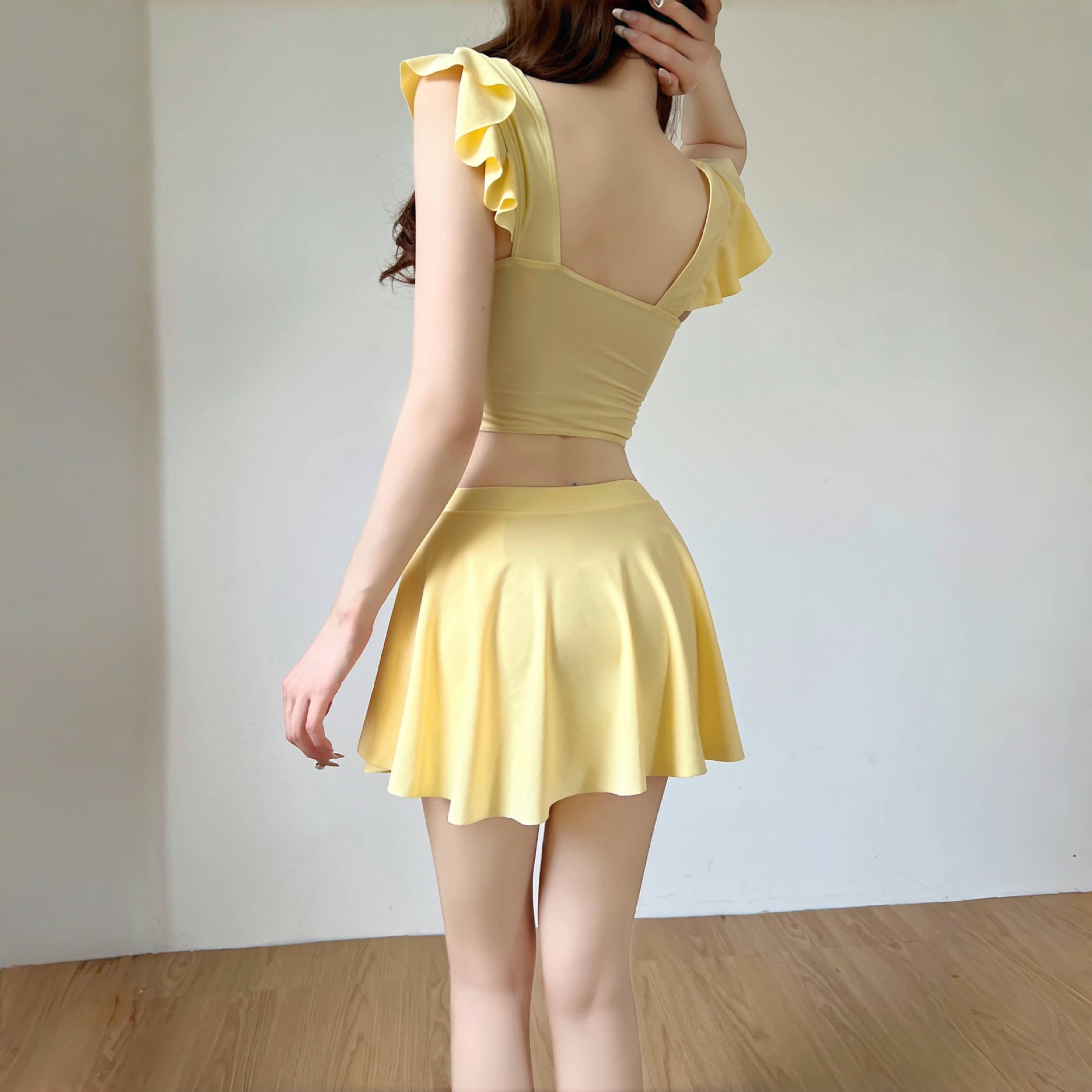 GraceChic 2025 Neuer hochwertiger gelber zweiteiliger Badeanzug im Rockstil für Damen – Bauchkontrolle, figurformend, für kleine Oberweite, konservativ, ideal für den Urlaub_voghion.com