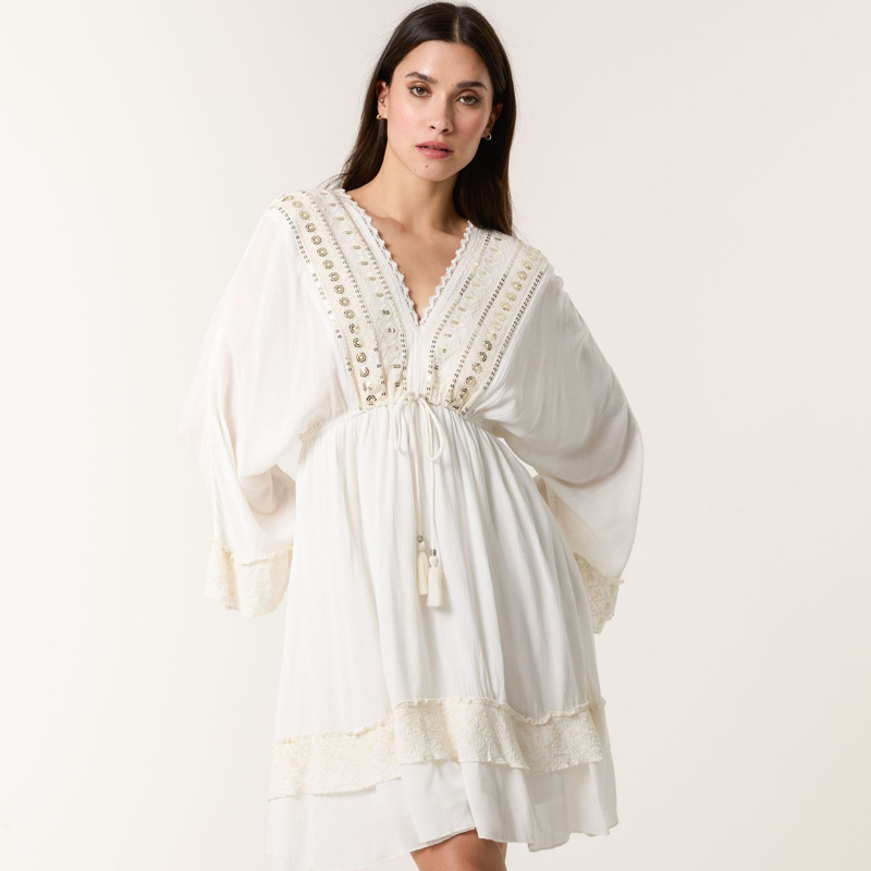 Spring and Autumn New French Cross-Border European Bohemian Resort Style Sequined V Neck Bell Sleeve Long and Short Dresses