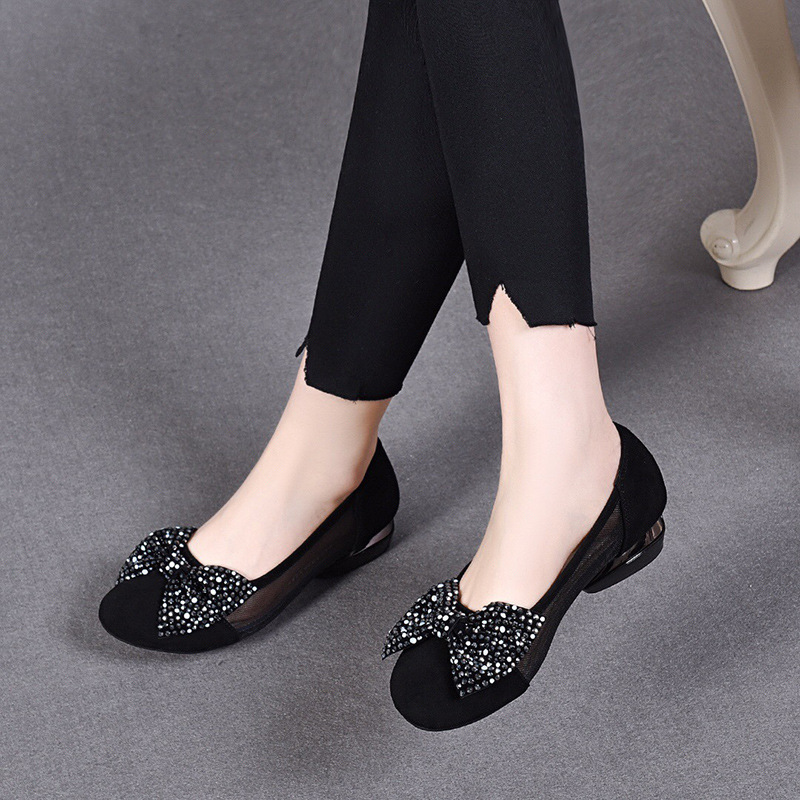 Sandal nữ đế bệt da thật mũi tròn gót vuông quai chữ V nơ bướm thoáng khí — Màu đen