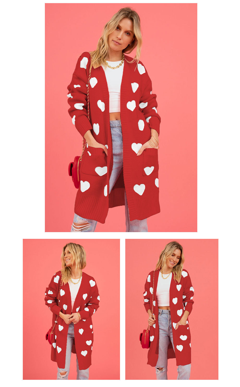 Heart Shape Pattern Spring, Autumn Season Women's Gender Jacquard Design Streetwear Style Wholesale Women's Streetwear Heart Shape Long Sleeve Jacquard Sweaters & Cardigans