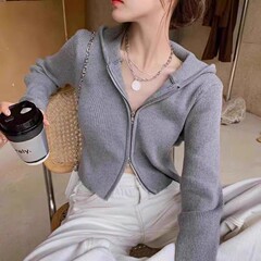 山东即墨双拉链灰色长袖卫衣女春秋连帽开衫洋气显瘦短款螺纹外套