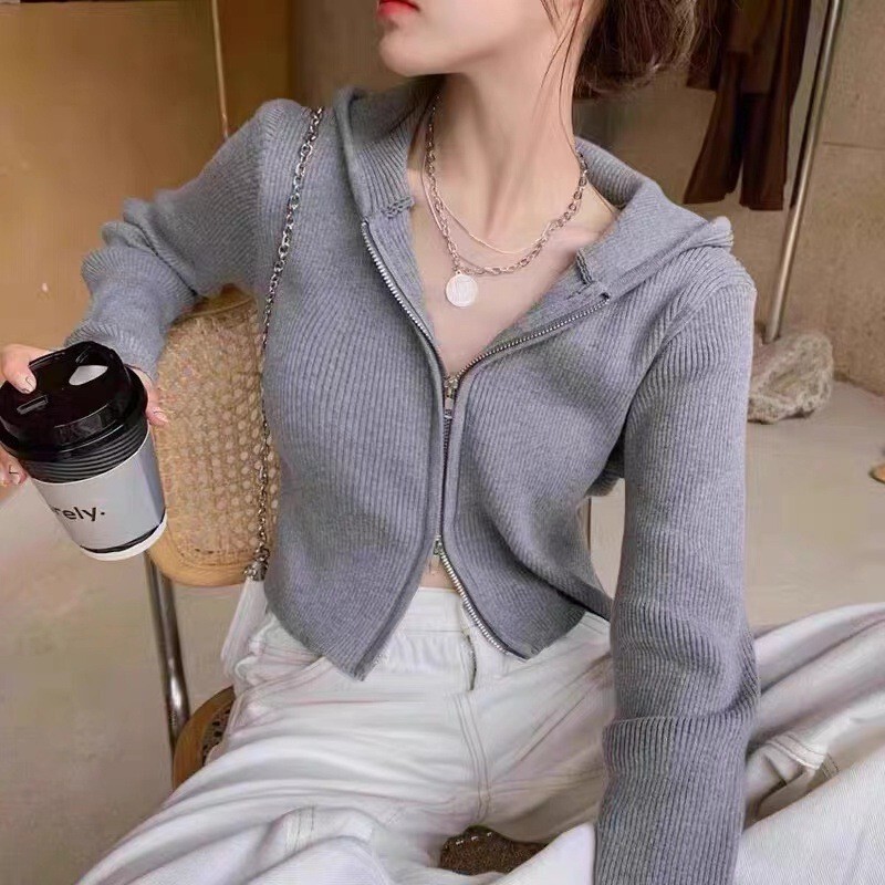 Shandong Jimo Double Zipper Gray Long-Sleeved Sweatshirt Women's Spring & Fall Hooded Cardigan Fashionable Slim Short Threaded Jacket Shandong Jimo Double Zipper Gray Long-Sleeved Sweatshirt Women's Spring & Fall Hooded Cardigan Fashionable Slim Short Threaded Jacket