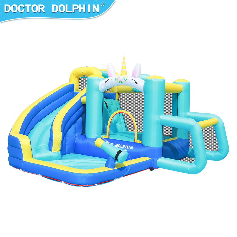 Dr. Dolphin | Parque acuático pequeño para niños, tobogán de castillo inflable para niños en casa, tobogán de agua combinado, cama de salto