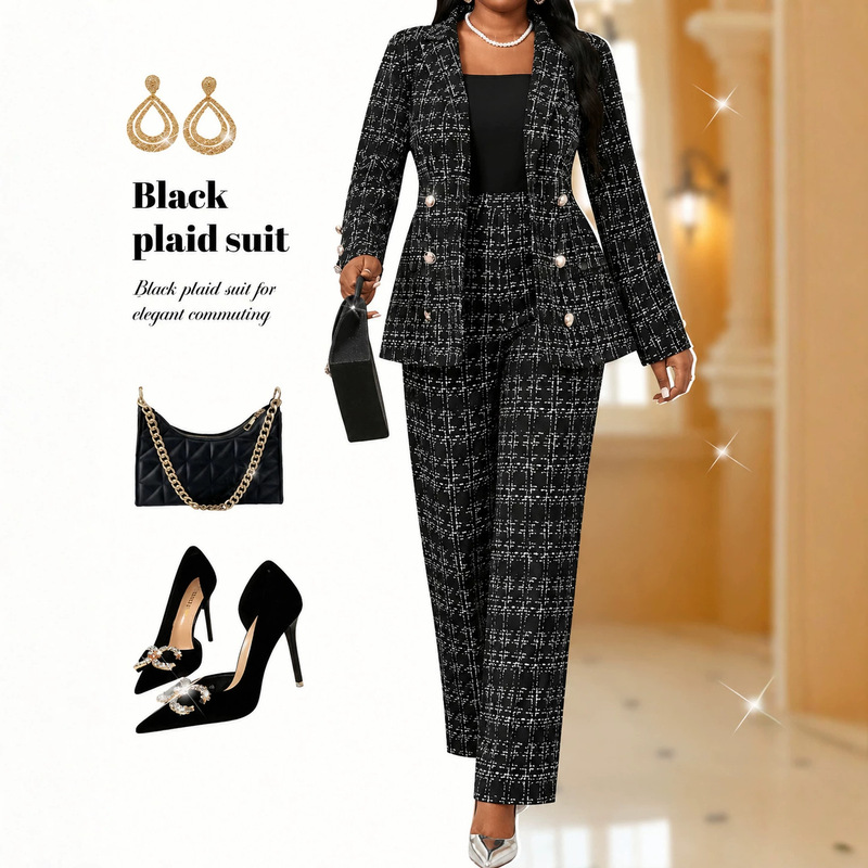 Cross-border exclusive supply of popular European and American style tweed blazer suits for women, autumn and winter black and white checkered double-breasted coat Cross-border exclusive supply of popular European and American style tweed blazer suits for women, autumn and winter black and white checkered double-breasted coat
