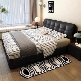 Modern Black Simple Genuine Leather Italian Double Bed Storage High-end Master Bedroom Small Apartment Storage Soft Bag Floor-to-Floor Wedding Bed