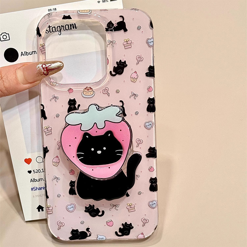 韩系草莓小黑猫支架链条适用iPhone16promax苹果15手机壳14新款13|undefined