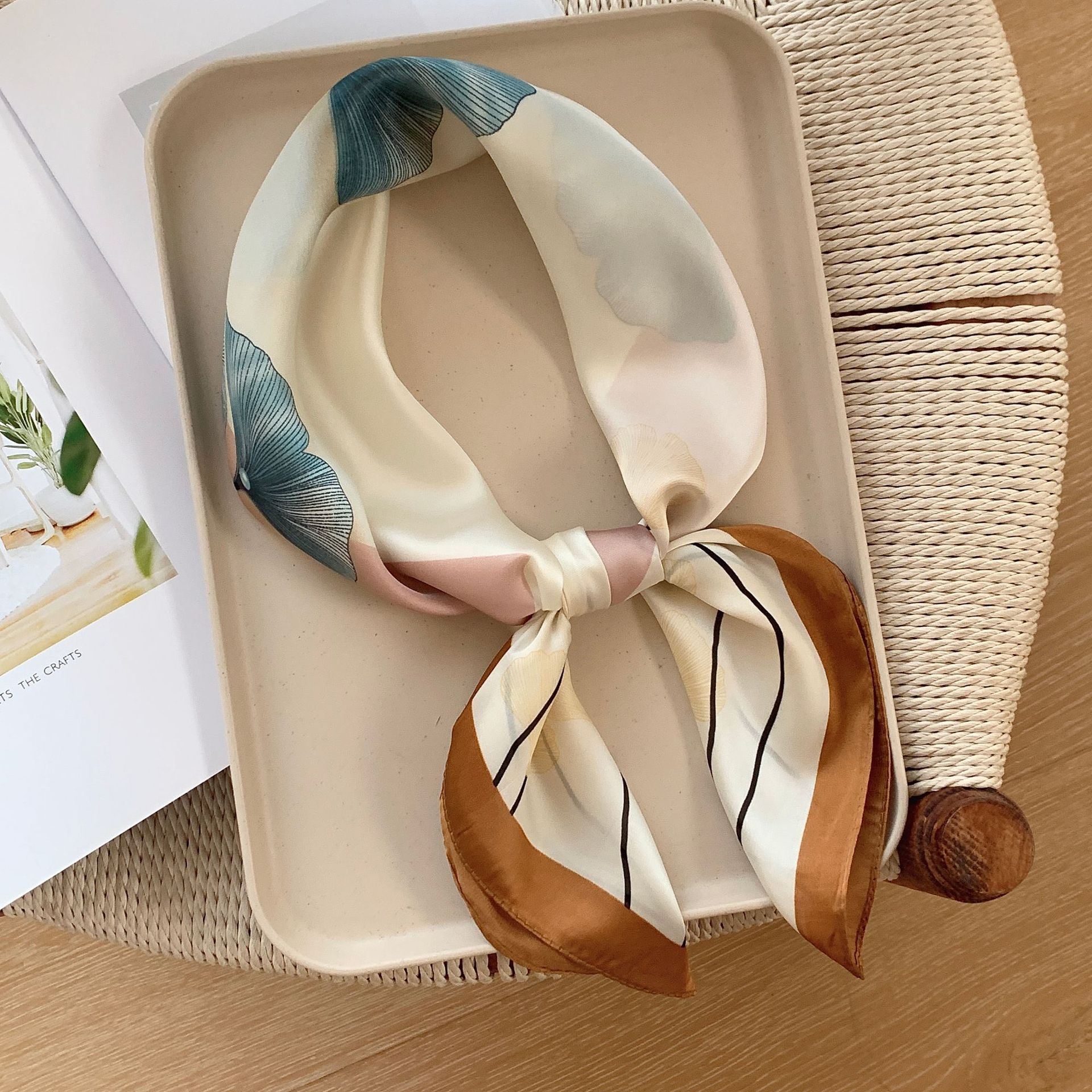 Color Block, Ginkgo Leaf Pattern Women's Elegant Business Color Block Ginkgo Leaf Polyester Printing Silk Scarves