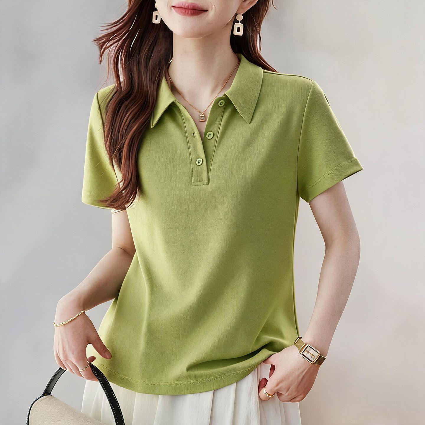 Summer fashionable collared top, solid color elegant polo shirt, versatile polo short-sleeved T-shirt, casual and slimming.