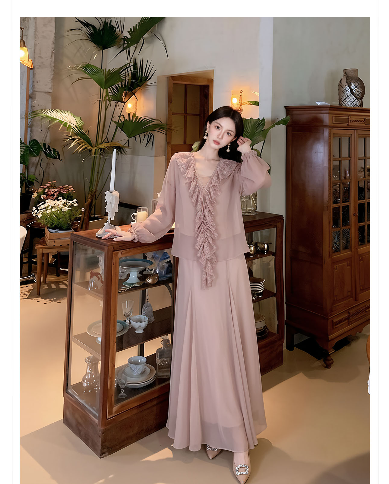 Bộ váy áo sơ mi nữ tay bèo ren + chân váy chữ A xòe phong cách tân cổ điển — Trang chủ, bộ đồ, nửa váy chi tiết 5