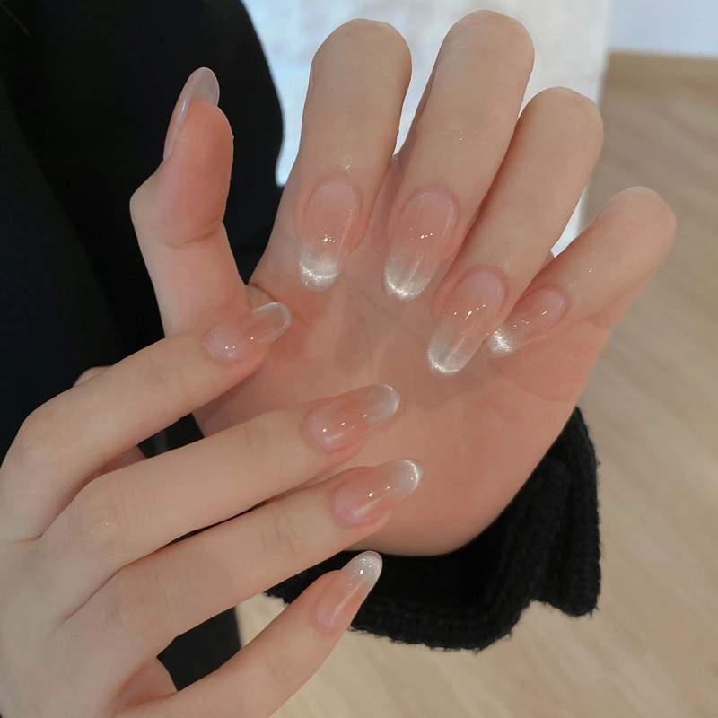 French Cat-Eye Blush Manicure, High-End Nude Color, Whitening Pearlescent Crystal Glass Beads, Handmade Wearable Nails Wholesale