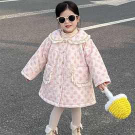 贝贝由乐女童2023冬季新款甜美法式花边翻领直线碎花中长款棉衣
