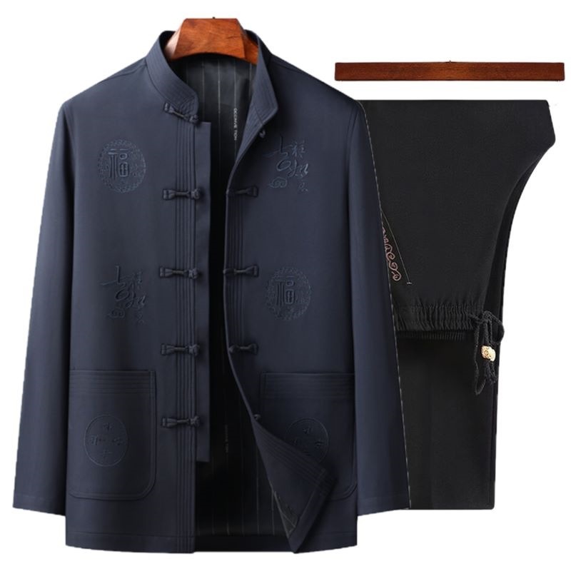 中老年男士唐装春秋爸爸套装老年人过寿生日衣服中国风外套爷爷装|undefined