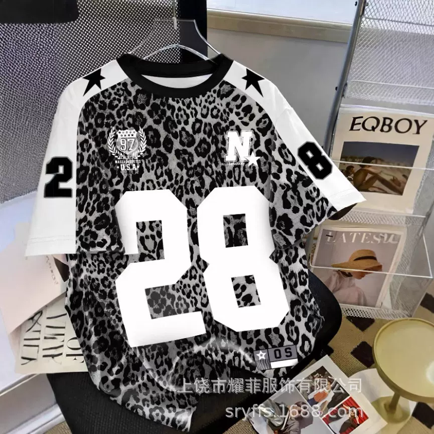 跨境新款男装圆领豹纹字母印花高品质短袖复古宽松球衣男士t恤