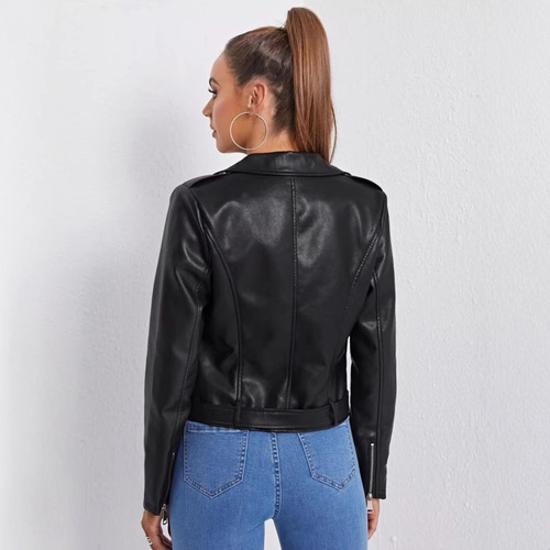 Cross-border Western-style slanted collar black slim fit faux leather motorcycle jacket short coat leather jacket