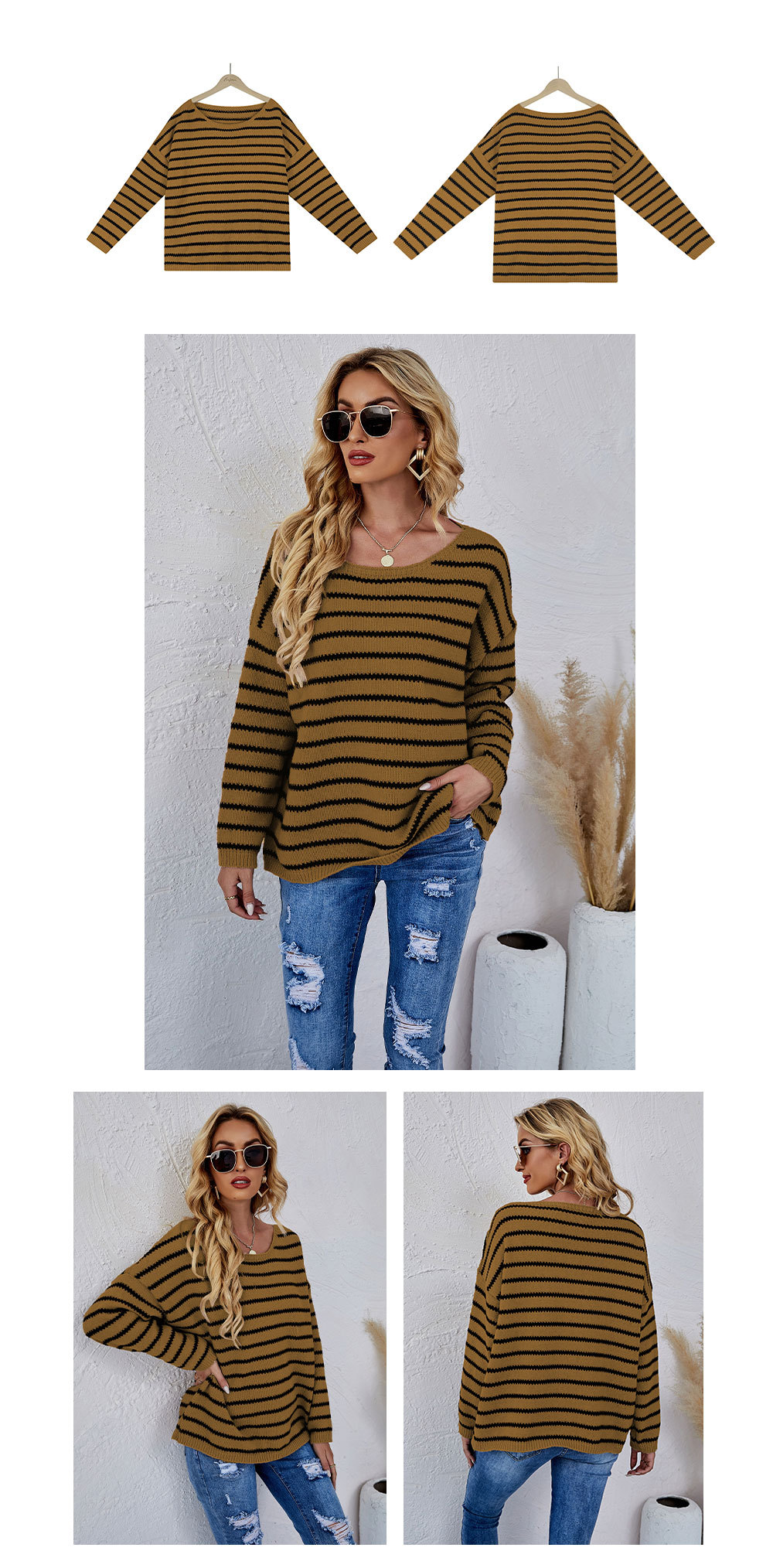 striped print pullover loose color matching round neck sweater NSWJY137593