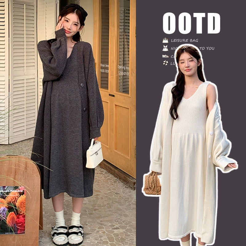 Одежда для беременных осень 2024 новый набор ленивый ветер свитер куртка осень трикотажное платье из двух частей осень зима