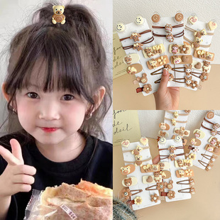 Children's brown hair accessories suit bangs clip girl's ball head hair rope does not hurt hairpin bear hair rope duckbill clip